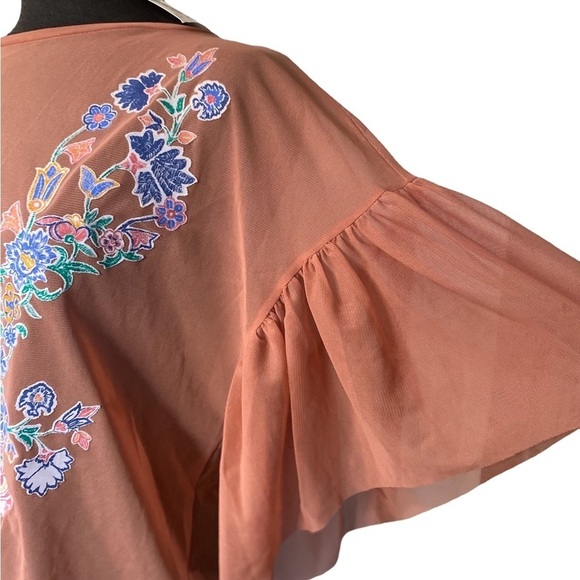 Zara Peach Tulle Mesh Embroidered Flutter Boho Blouse | Clearance ! ON Sale! - Picture 8 of 9
